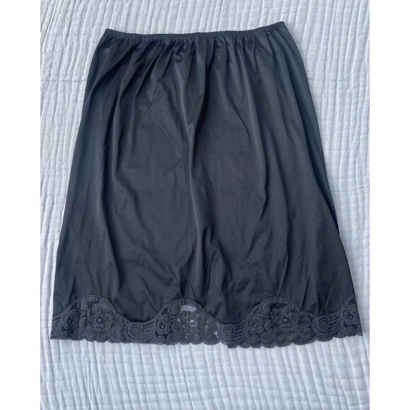 Vintage Vanity Fair Slip Black Large 24" Nylon Satin Lace Trim Back Slit - Picture 1 of 10